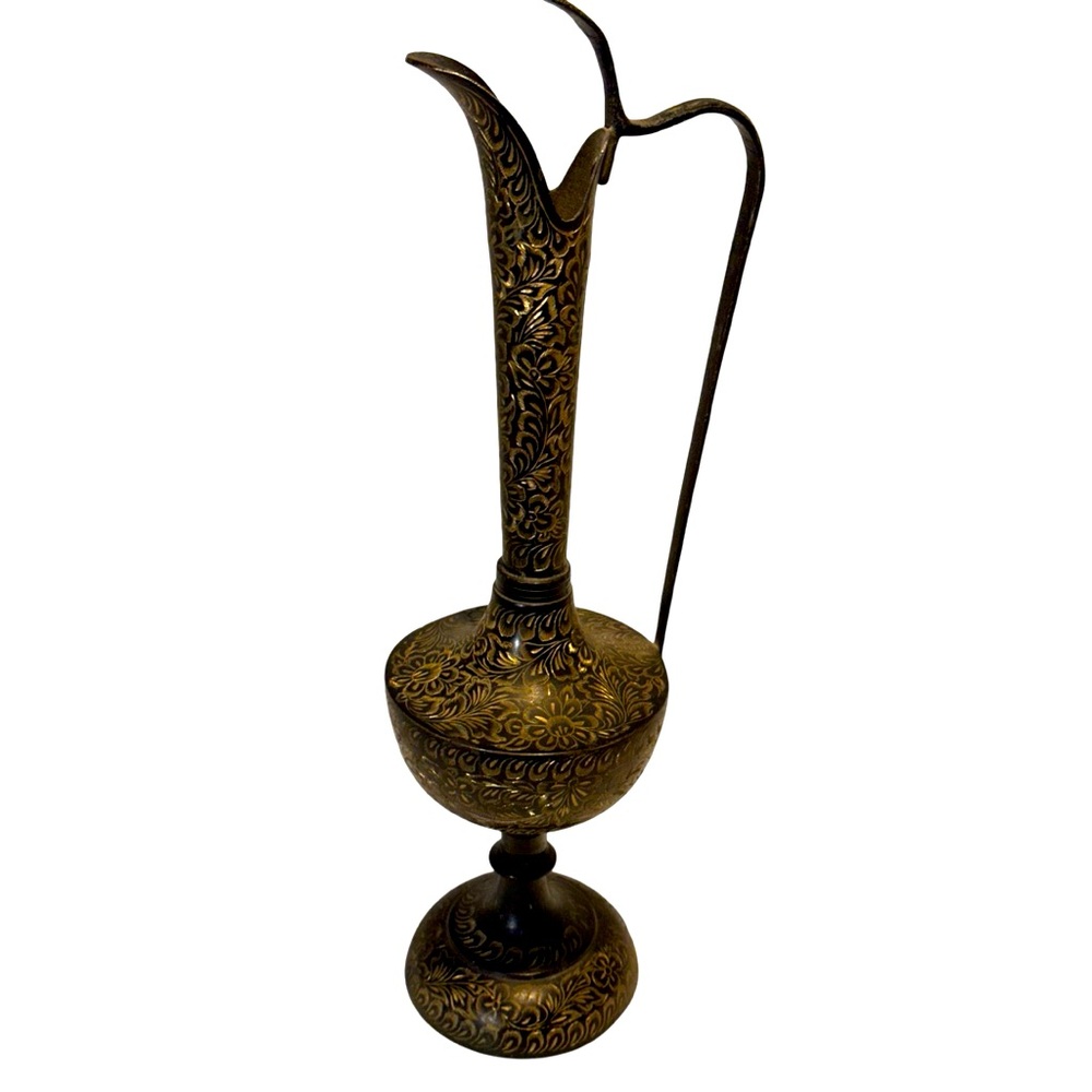 Vtg. Brass Bronze 16” Tall Footed Pitcher Vase Etched Gold India